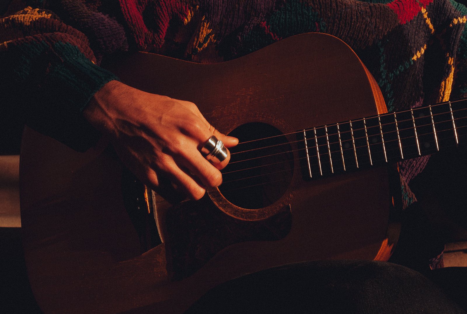 Close-up of a hand playing acoustic guitar